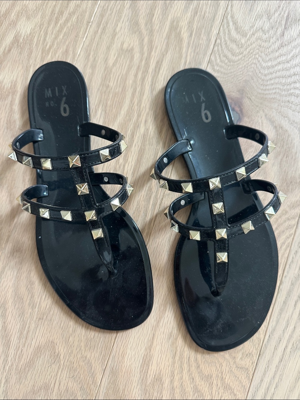 Mix No. 6 Black Slide Sandals with Gold Pyramid Studs